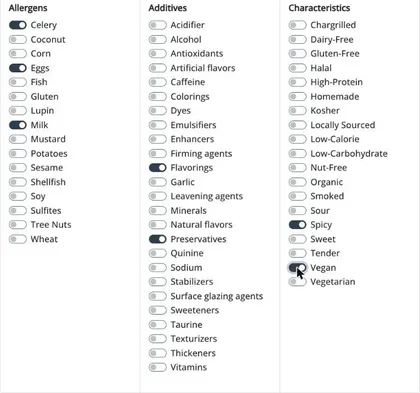 The MenuHatch dish editor with three lists: allergens, additives and characteristics, each with a switch per item
