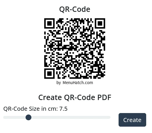 The QR code card on the MenuHatch dashboard: the QR code, a slider for the size in centimeters and a Create button for the PDF