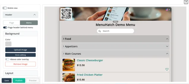 The MenuHatch style editor: settings on the left, a live preview of the menu on the right, with Save, Publish and Preview buttons