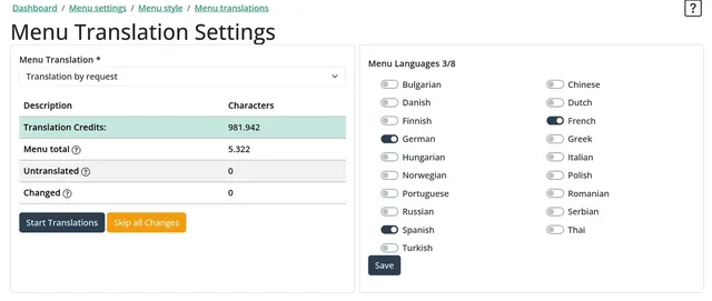 MenuHatch Menu Translation Settings page: translation mode set to Translation by request, translation credits, character counts and a list of language switches