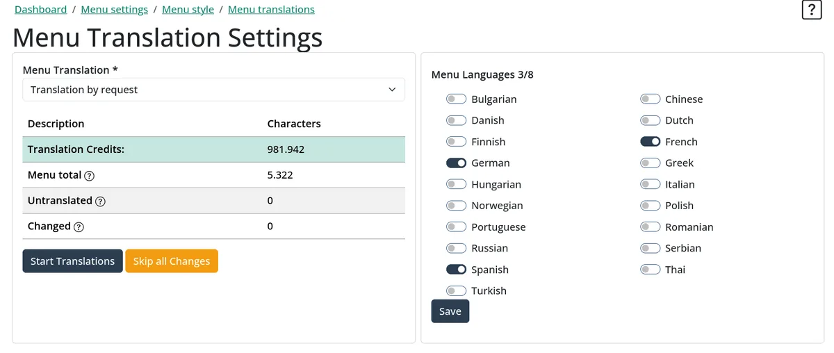 MenuHatch Menu Translation Settings page: translation mode set to Translation by request, translation credits, character counts and a list of language switches