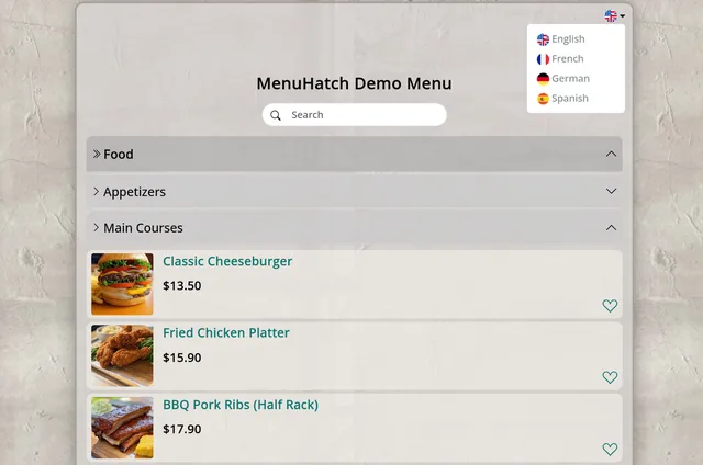 MenuHatch demo menu in a browser on a wide screen, with the language switcher open and listing English, French, German and Spanish