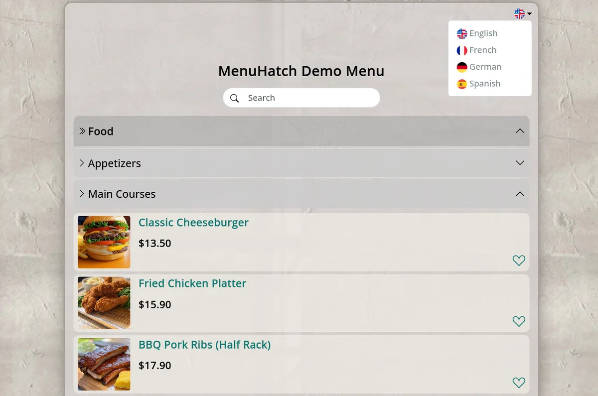 Multilingual Restaurant Menu