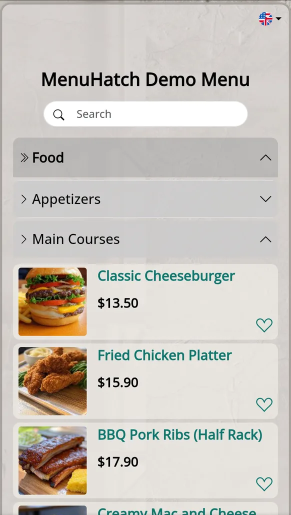 The menu in English: category names, dish names and prices