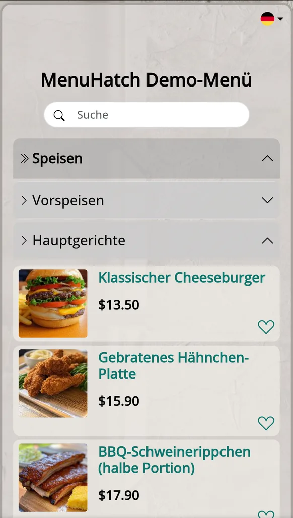 The same menu in German: Speisen, Vorspeisen, Hauptgerichte and translated dish names